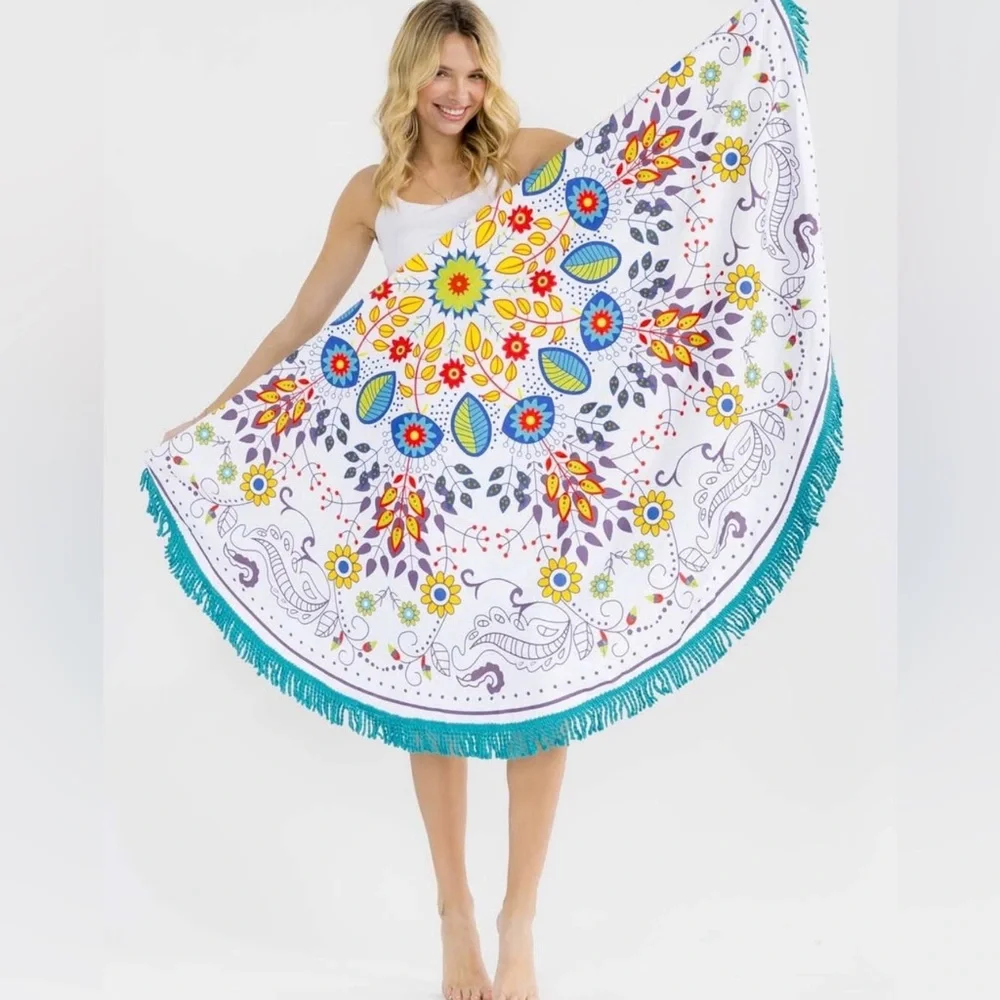 Round Fringe Beach Towel with Colorful Floral Mandala - Picture 1 of 6